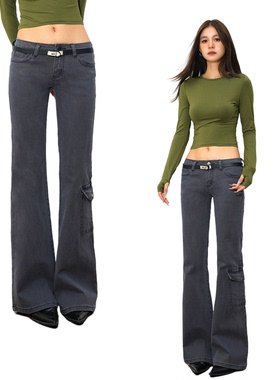 @SOHOT美式复古水洗做旧烟灰色低腰微喇休闲裤辣妹修身遮胯显瘦