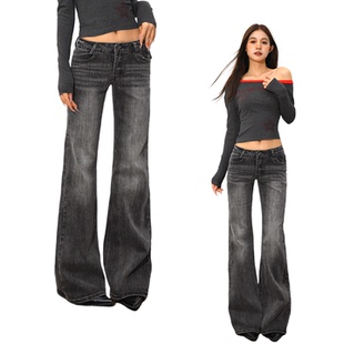 辣妹低腰裤 女微喇阔腿拖地裤 复古水洗做旧牛仔裤 @SOHOT秋冬美式