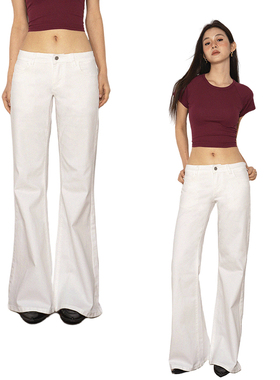 SO HOT 2025年夏季新款白色修身弹力微喇裤低腰牛仔裤女阔腿显瘦