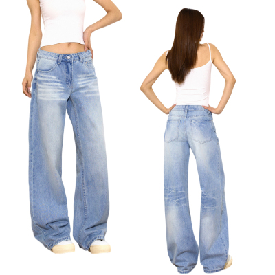 夏季复古浅蓝宽松阔腿牛仔裤女