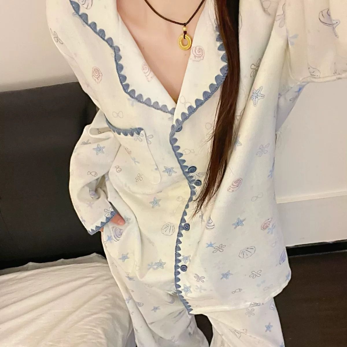 2026春秋ins风甜美卡通长袖睡衣女韩版可爱学生贝壳花边开衫套装