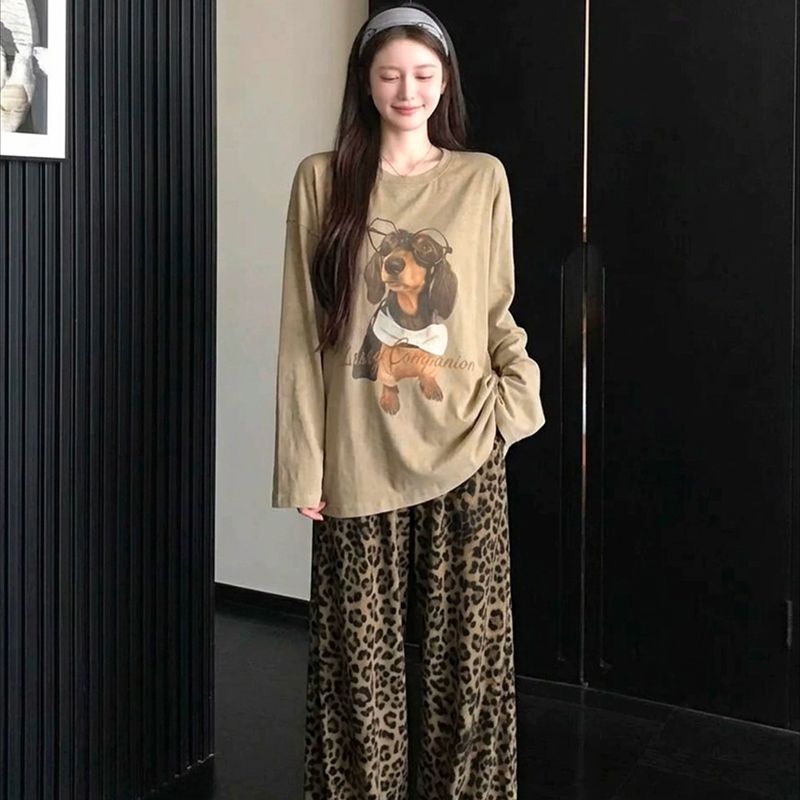 ins时尚可外穿卡通眼镜狗少女2026年春秋仿棉长袖宽松慵懒套装