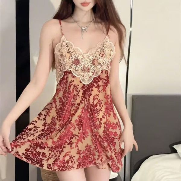 轻奢法式蕾丝性感吊带睡裙夏季丝绒烧花2026新款带胸垫家居服网图