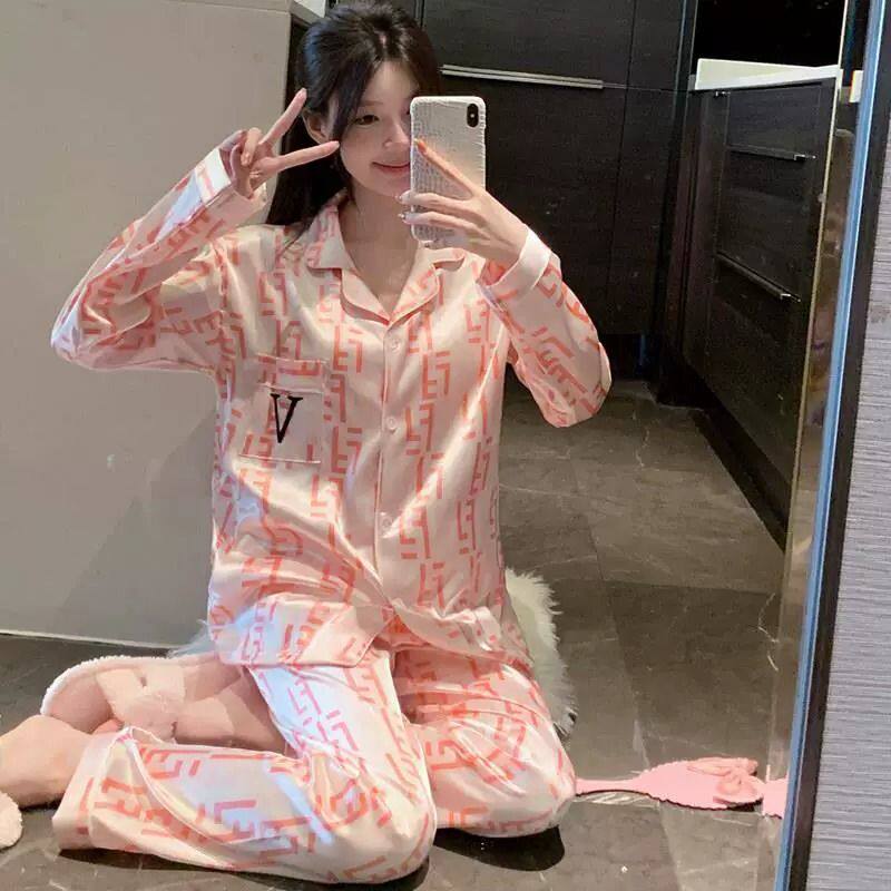 2026春秋长袖冰雪丝睡衣女高级感几何图案印花开衫Ins可外穿套装