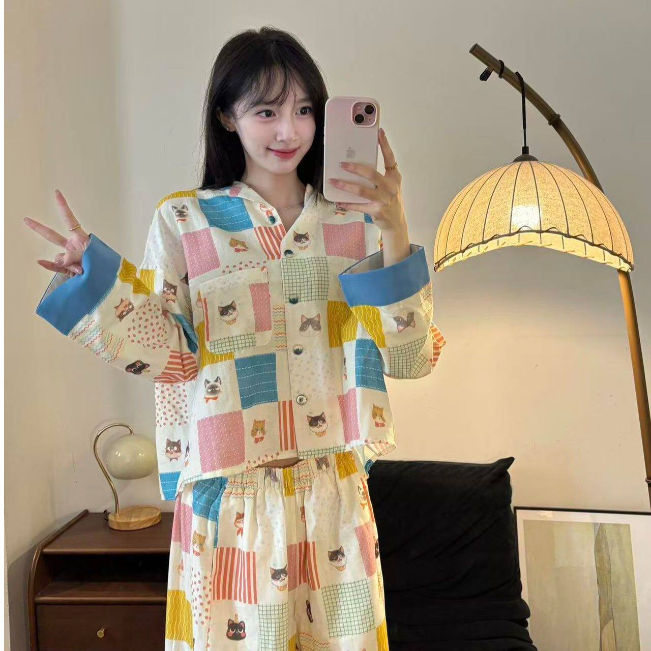 2026年春秋少女马卡龙色块卡通小猫长袖长裤云朵棉睡衣女宽松套装