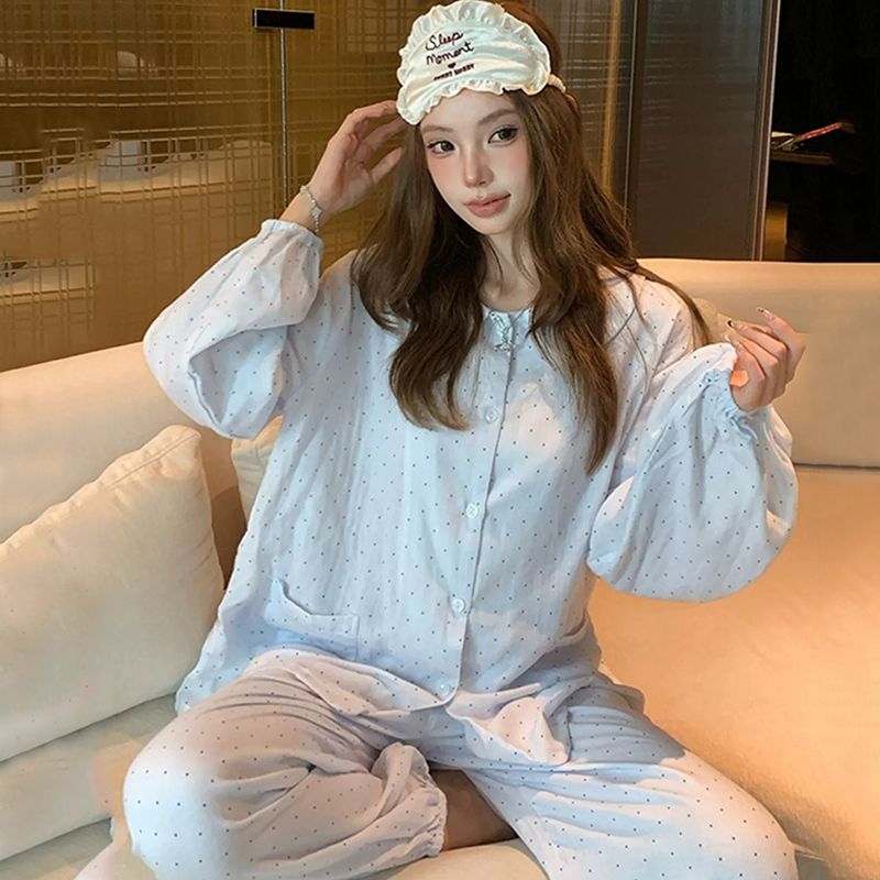 网红清新浅蓝甜美娃娃领波点睡衣女2026春秋长袖云朵棉家居服套装
