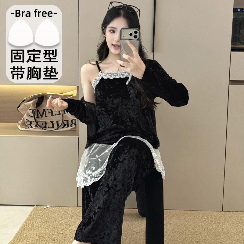 带胸垫吊带长袖三件套金丝绒睡衣女性感蕾丝宫廷金钻绒家居服套装
