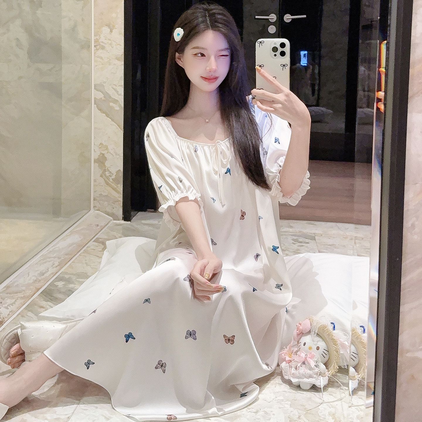 翩翩蝴蝶印花甜美少女公主袖长裙睡衣2026年夏季短袖冰雪丝长睡裙