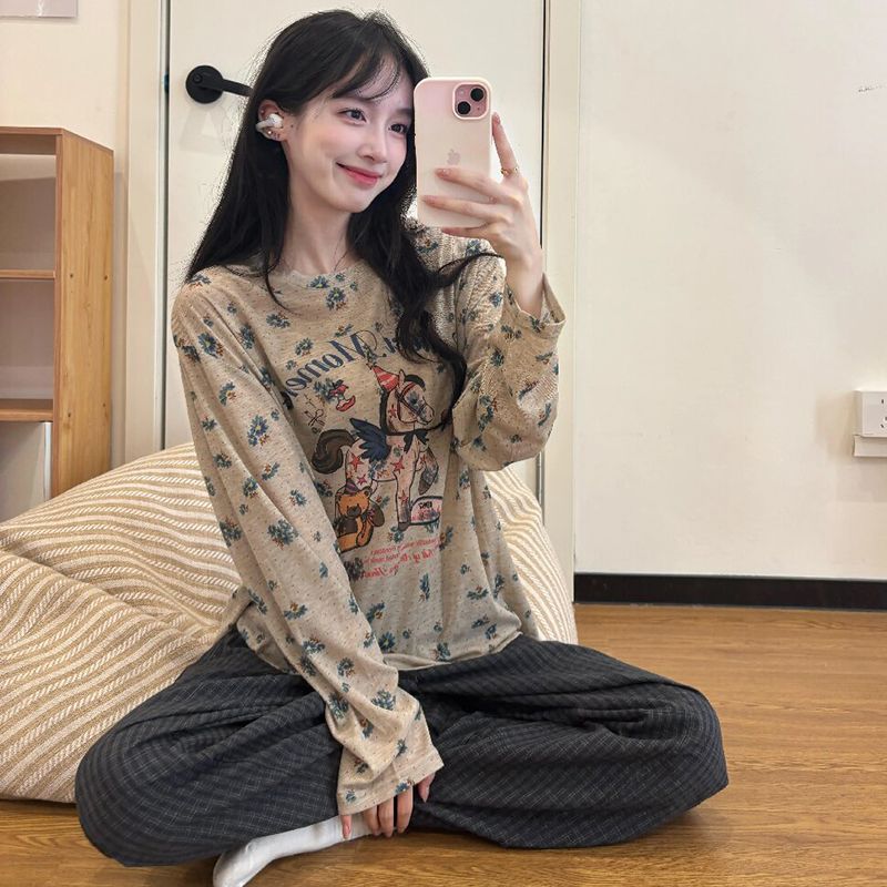 慵懒治愈风可爱满印小动物长袖睡衣女秋季款宽松休闲家居套装外穿