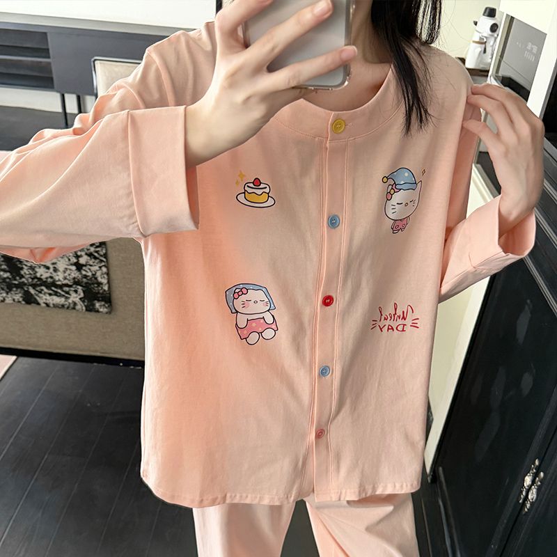 2026年春季新款纯棉圆领印花开衫卡通甜美可爱少女家居服套装
