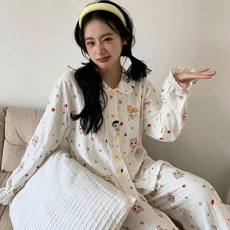 娃娃领甜美可爱2026年春秋季女士睡衣长袖卡通泡泡小玉云朵棉套装