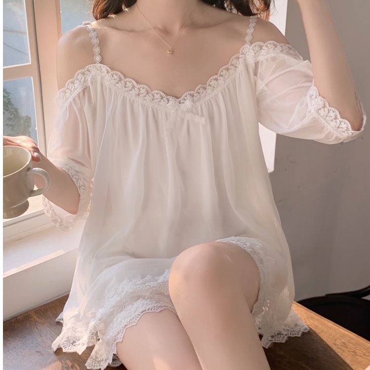 网纱公主风蕾丝性感甜美睡衣女夏季短袖短裤两件套装带胸垫家居服