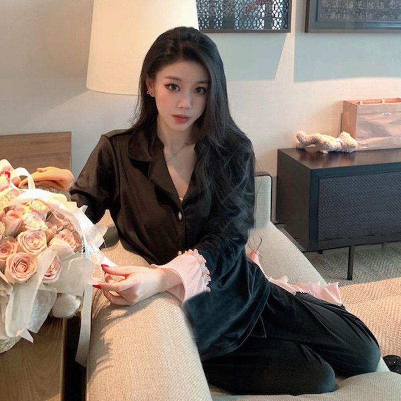 韩系高级感海岛绒睡衣女2026年秋冬长袖甜美大花边袖家居服套装