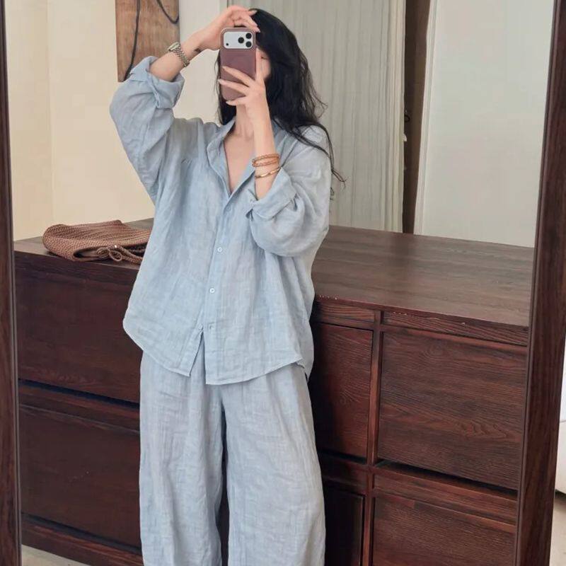 春秋长袖婴儿棉双层棉纱素色睡衣女ins法式慵懒衬衫开衫套装