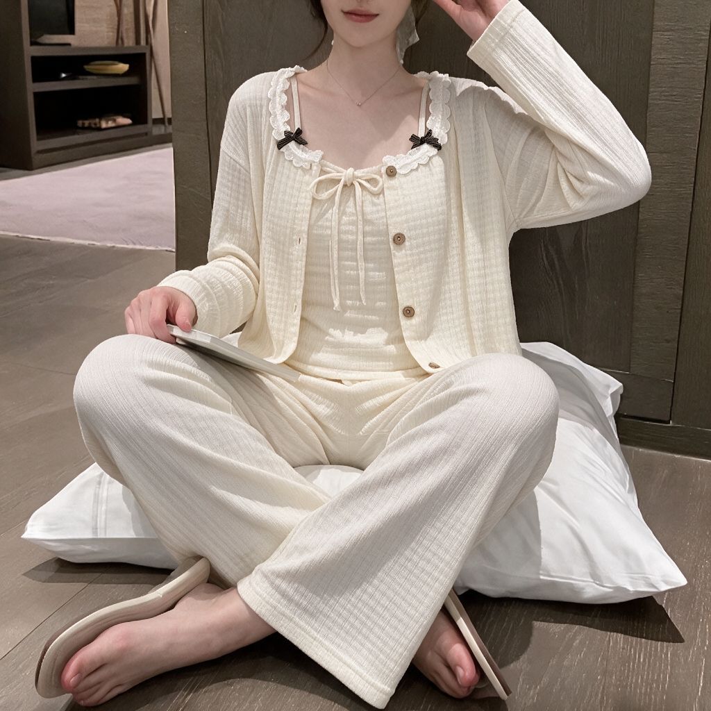 2026年春秋带胸垫吊带长袖三件套网格提花棉睡衣纯欲少女花边套装