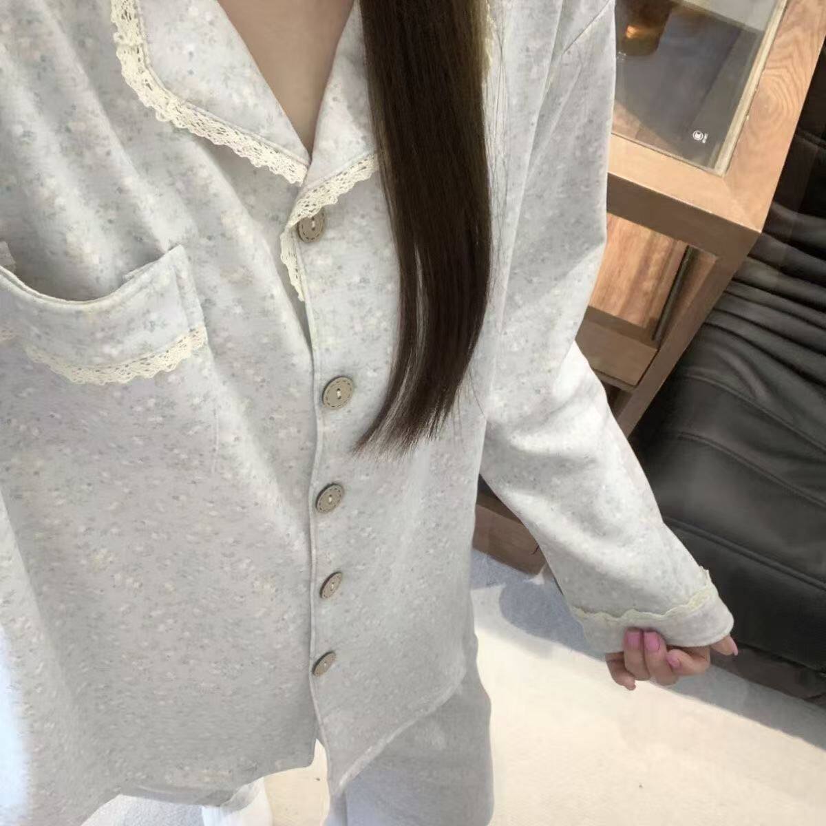 2026年冬季加厚羊绒睡衣女韩系甜美碎花少女蕾丝花边开衫保暖套装