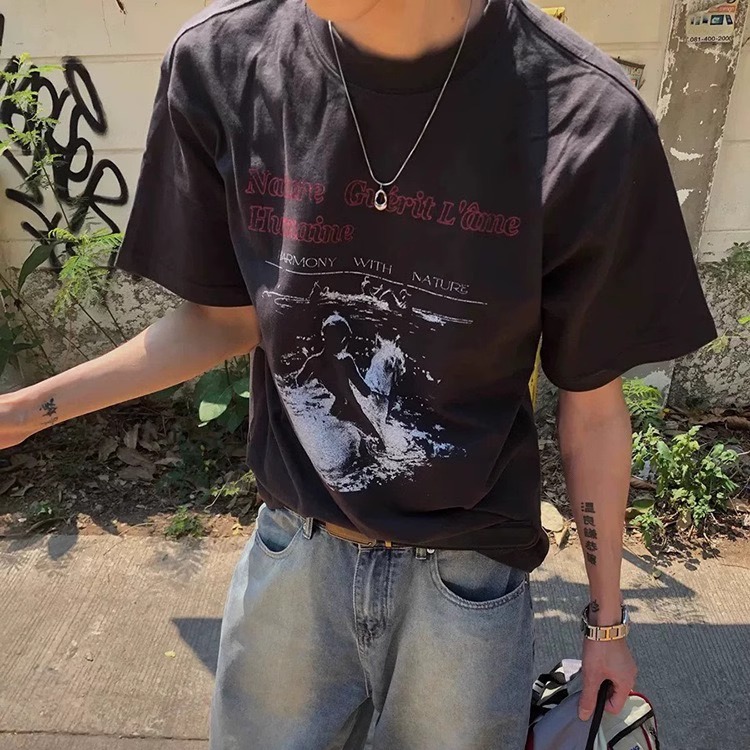 高货 黑灰白马公主印花圆领水洗复古纯棉短袖t恤boxy短宽男女上衣