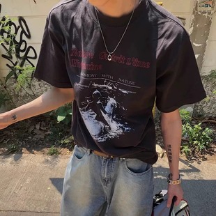 高货 t恤boxy短宽男女上衣 黑灰白马公主印花圆领水洗复古纯棉短袖