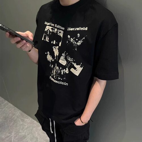 高货车乐队做旧印花重磅纯棉短袖