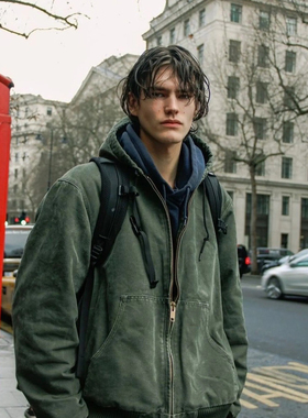 秋冬重磅自主J130水洗做旧连帽夹克vintage美式复古外套男女同款