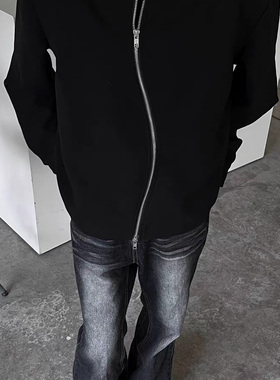 春季薄款美式简约廓形弯曲拉链垫肩行政夹克短宽外套男女含羊毛