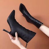 气质优雅真皮高跟靴女秋冬系带细跟短靴中筒网红瘦瘦靴尖头马丁靴