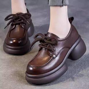 真皮厚底复古小皮鞋圆头系带乐福鞋女2025新款女鞋真皮法式单鞋女