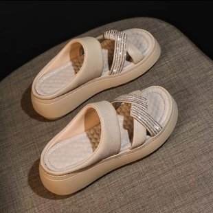 真皮厚底拖鞋 女2025夏季 新款 外穿轻便踩屎感软皮防滑沙滩一字拖鞋