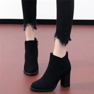 法式粗跟高跟鞋女秋冬款真皮磨砂短靴厚底加绒马丁靴气质磨砂裸靴