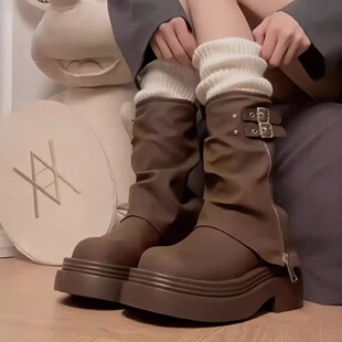 小个子厚底马丁靴女秋冬西部裤管堆堆靴中筒英伦风增高粗跟短靴女