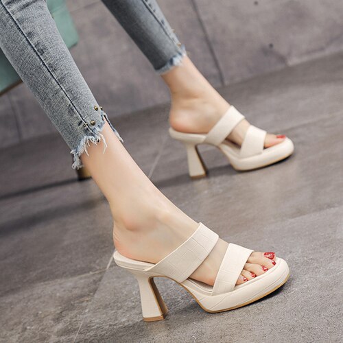 品牌鞋真皮厚底一字带露趾凉拖鞋