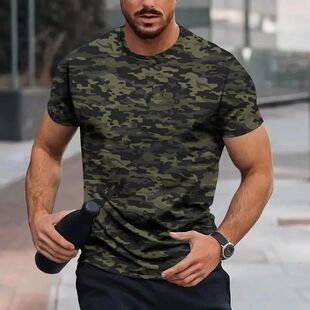Simple camouflage 3D printed T-shirt简约迷彩3d印花圆领T恤 男