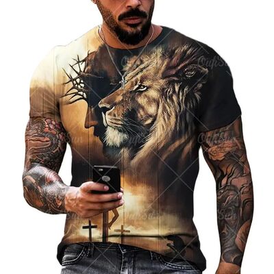 Lion pattern 3D printed round neck T-shirt狮子图案3d印花 T恤