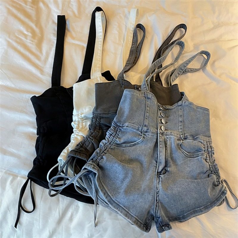 High Waist Drawstring Strap Denim Shorts高腰抽绳背带牛仔短裤