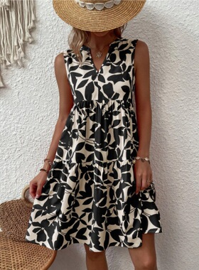 Fashionable V-neck sleeveless printed dressV领无袖印花连衣裙