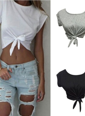 Simple Loose Lace Up Open Umbilical T-Shirt宽松系带露脐T恤女