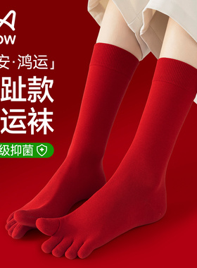 猫人本命年五指袜子女款秋冬季大红色中筒袜10A抗菌防臭分趾棉袜
