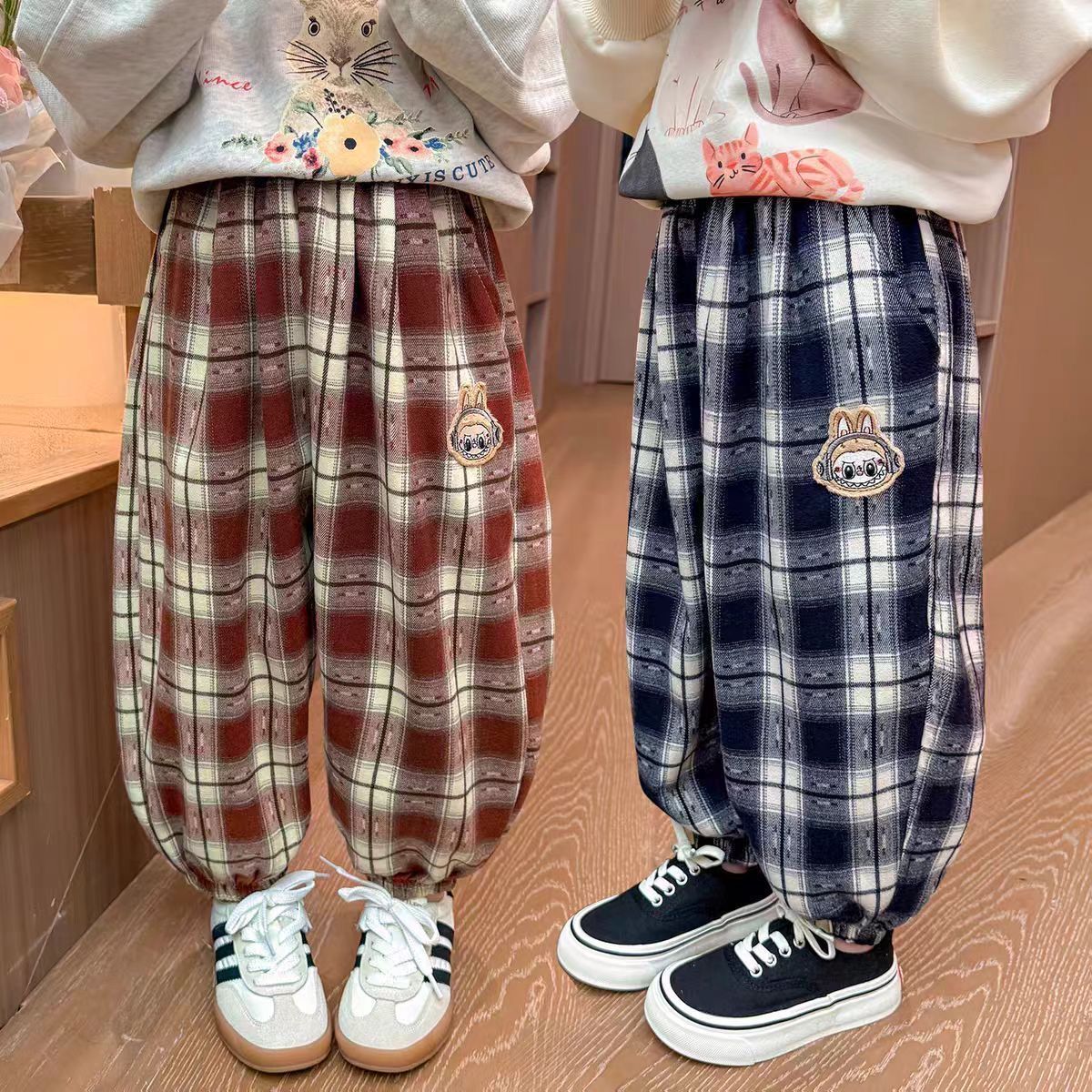 女童裤子秋冬款2025新款拉布布格子裤卡通休闲长裤女孩秋季运动裤