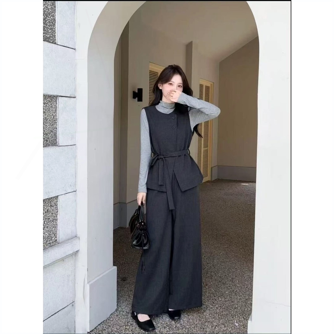 长袖针织打底马甲阔腿裤三件套女