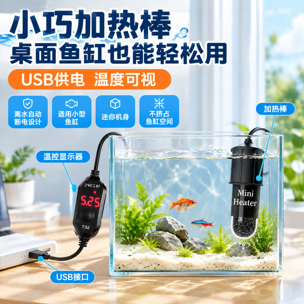 迷你USB鱼缸加热棒斗鱼缸拇指加热器数显小型自动可控温恒温石英