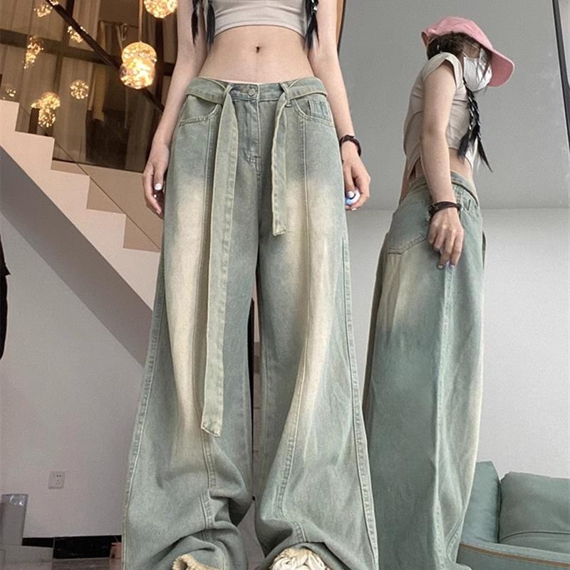 加长拖地裤女高个子超长版阔腿牛仔裤春夏高腰复古做旧慵懒拖地裤