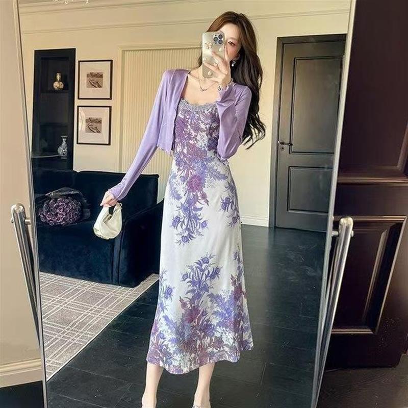 纯欲温柔风蕾丝花边碎花吊带裙套装女夏季薄款长袖开衫包臀连衣裙