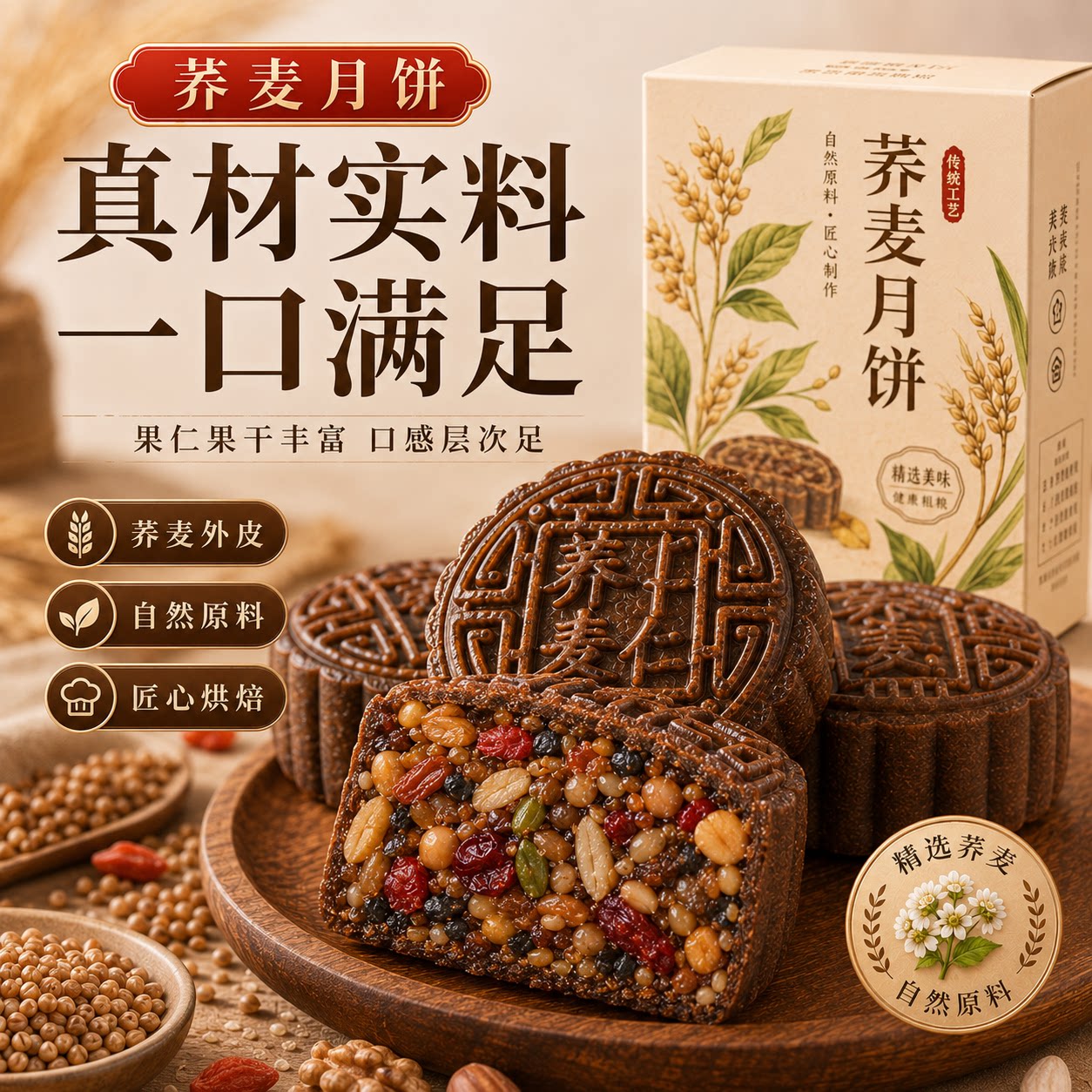 荞麦月饼无加蔗糖老式五仁传统月饼减代餐木糖醇糕点官方旗舰店