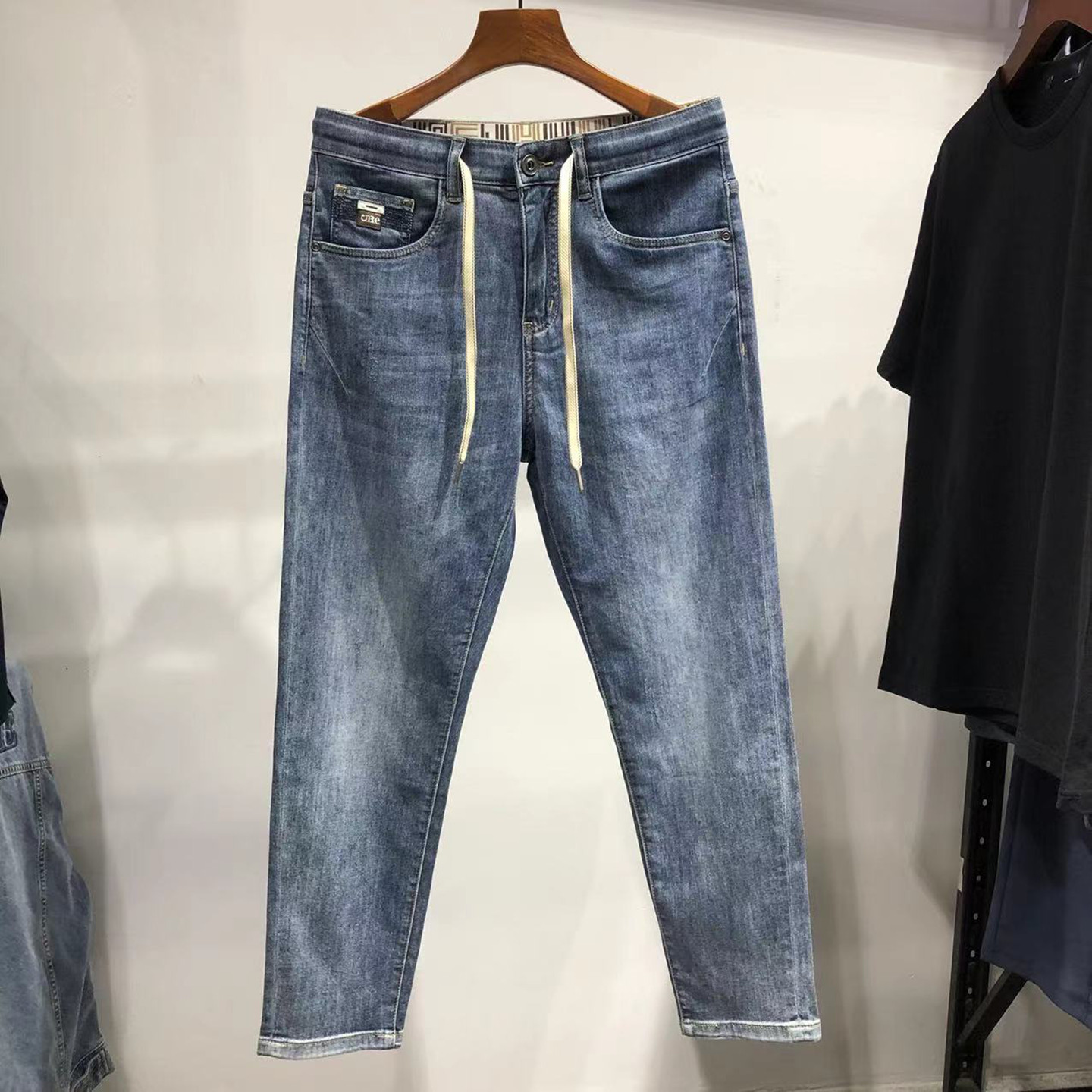 正品大牌！男装！男士抽绳弹力牛仔裤修身九分裤夏季薄款男款纳库