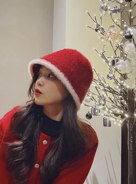圣诞新年保暖喜庆红色渔夫帽秋冬毛绒兔毛氛围感时尚气质盆帽优雅