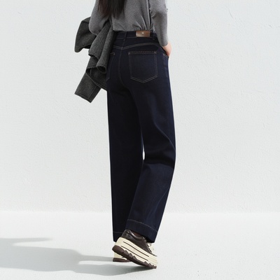 加绒深蓝色防掉色窄版阔腿牛仔裤