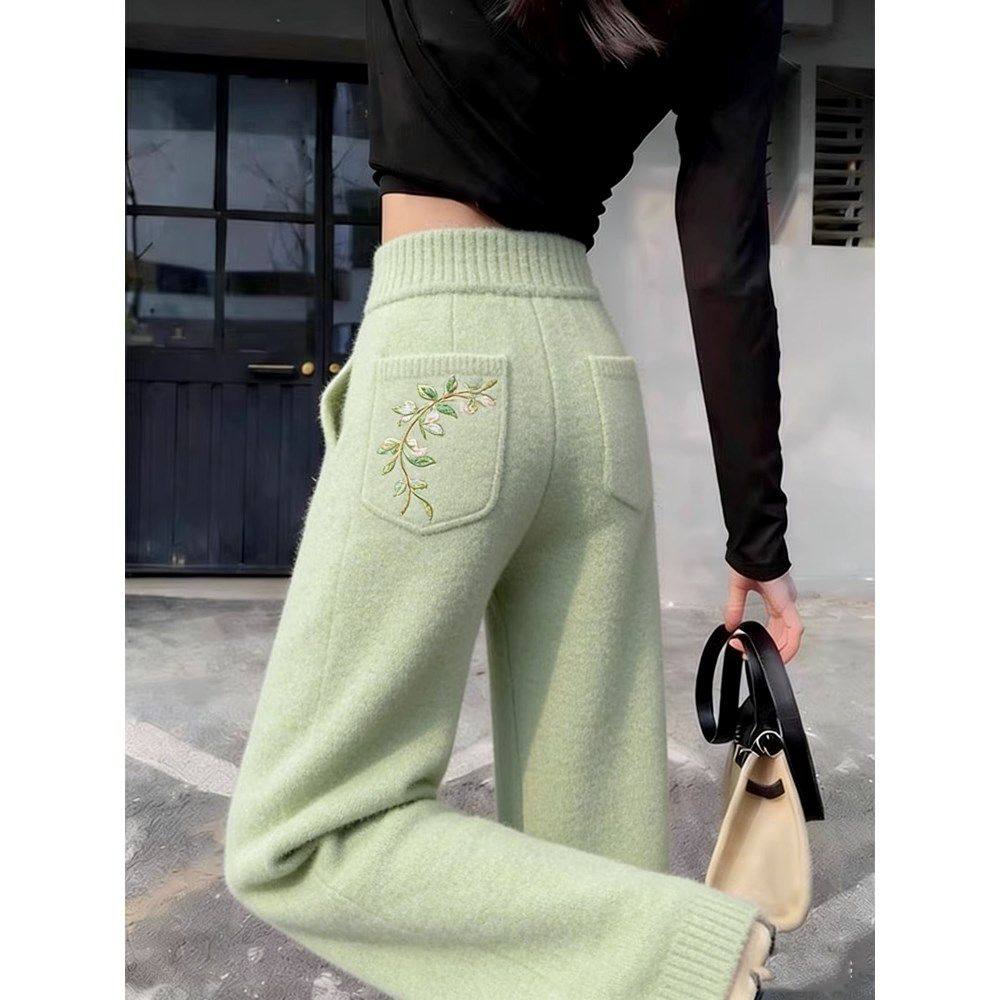 高腰花朵刺绣阔腿裤女绿色时尚显瘦慵懒风休闲裤2026春季新款裤子,女装/女士精品,大码套装,淘宝优惠券,粉丝福利购,淘宝优惠卷