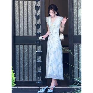氣質(zhì)搭碎花夏日風(fēng)新獨(dú)特漂亮溫柔穿高級(jí)中式 國(guó)風(fēng)感連衣裙藍(lán)色絕美