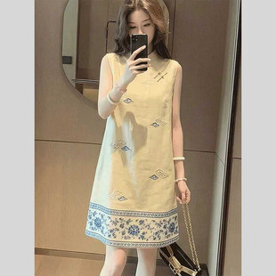 夏季新款新中式圆领无袖刺绣连衣裙女装大码宽松显瘦黄色短裙少女