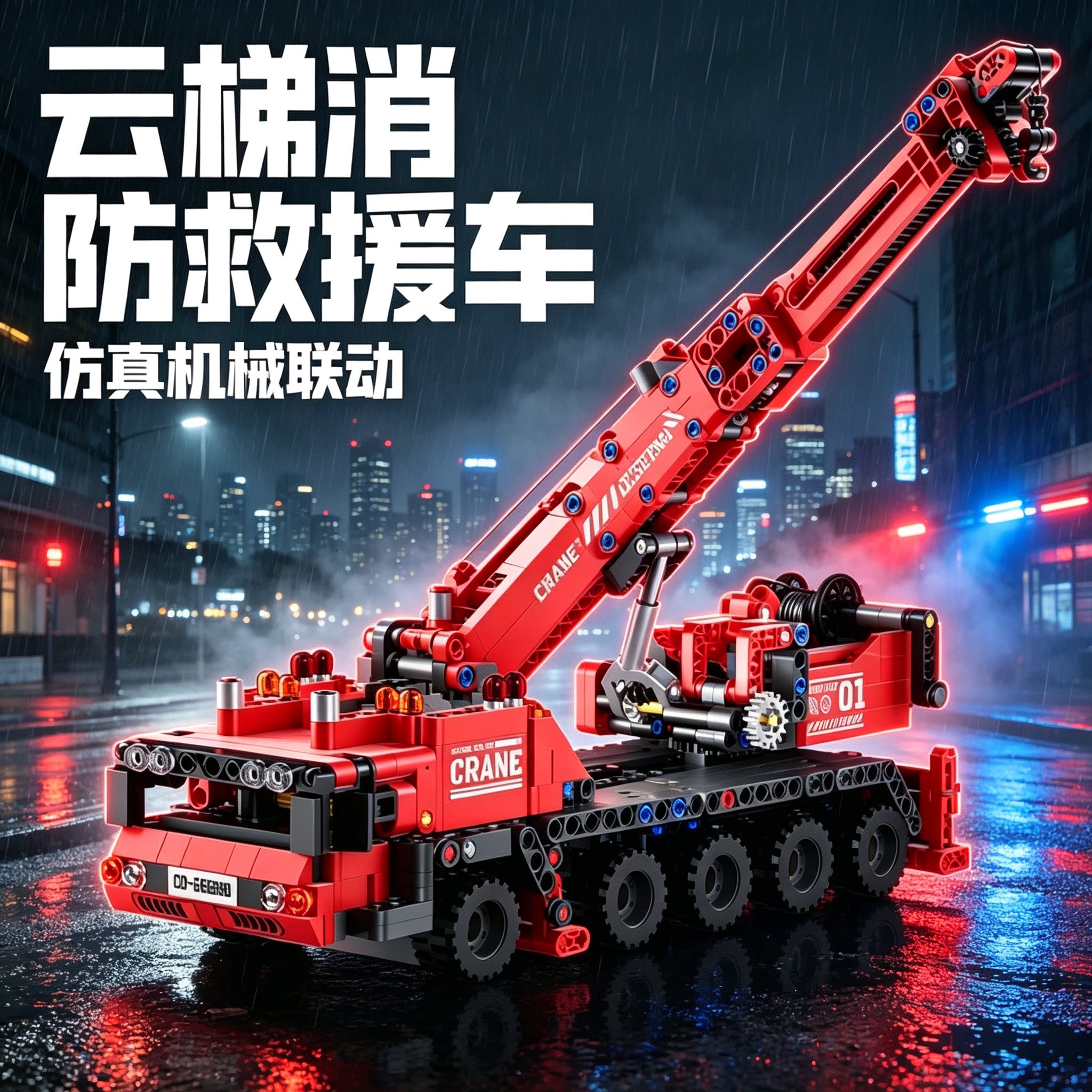 儿童积木消防车云梯拼装玩具车男孩可动8-10岁以上模型送生日礼物